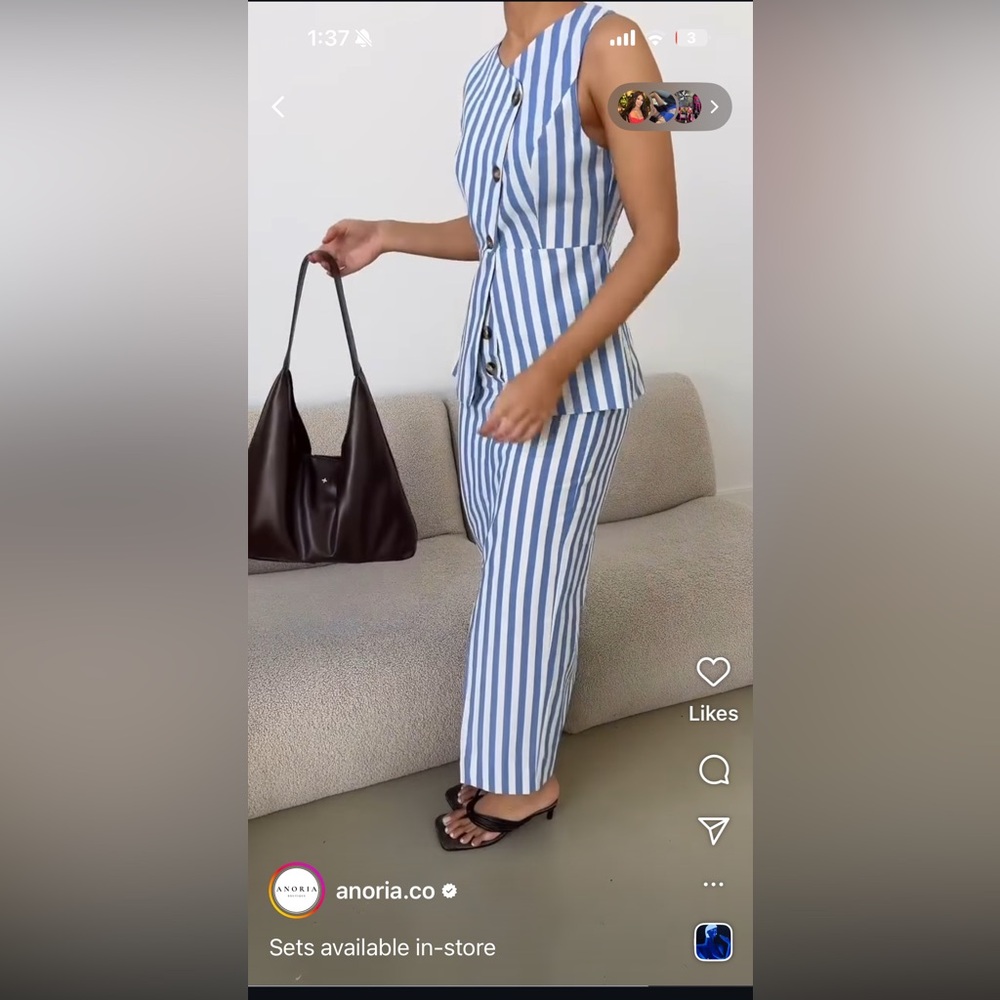 Blue and White Striped High-Waisted Trousers